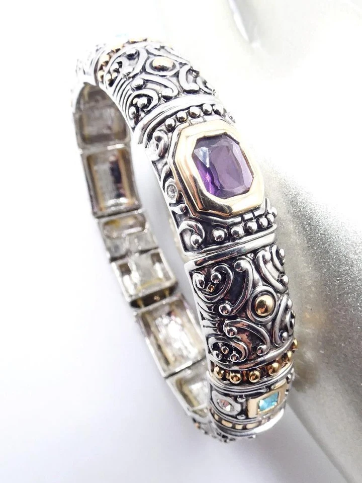 PRECIOSO Brazalete de Diseñador BALINESE Plateado Chapado en Oro Púrpura Cristales Azules Foto 2 de 4