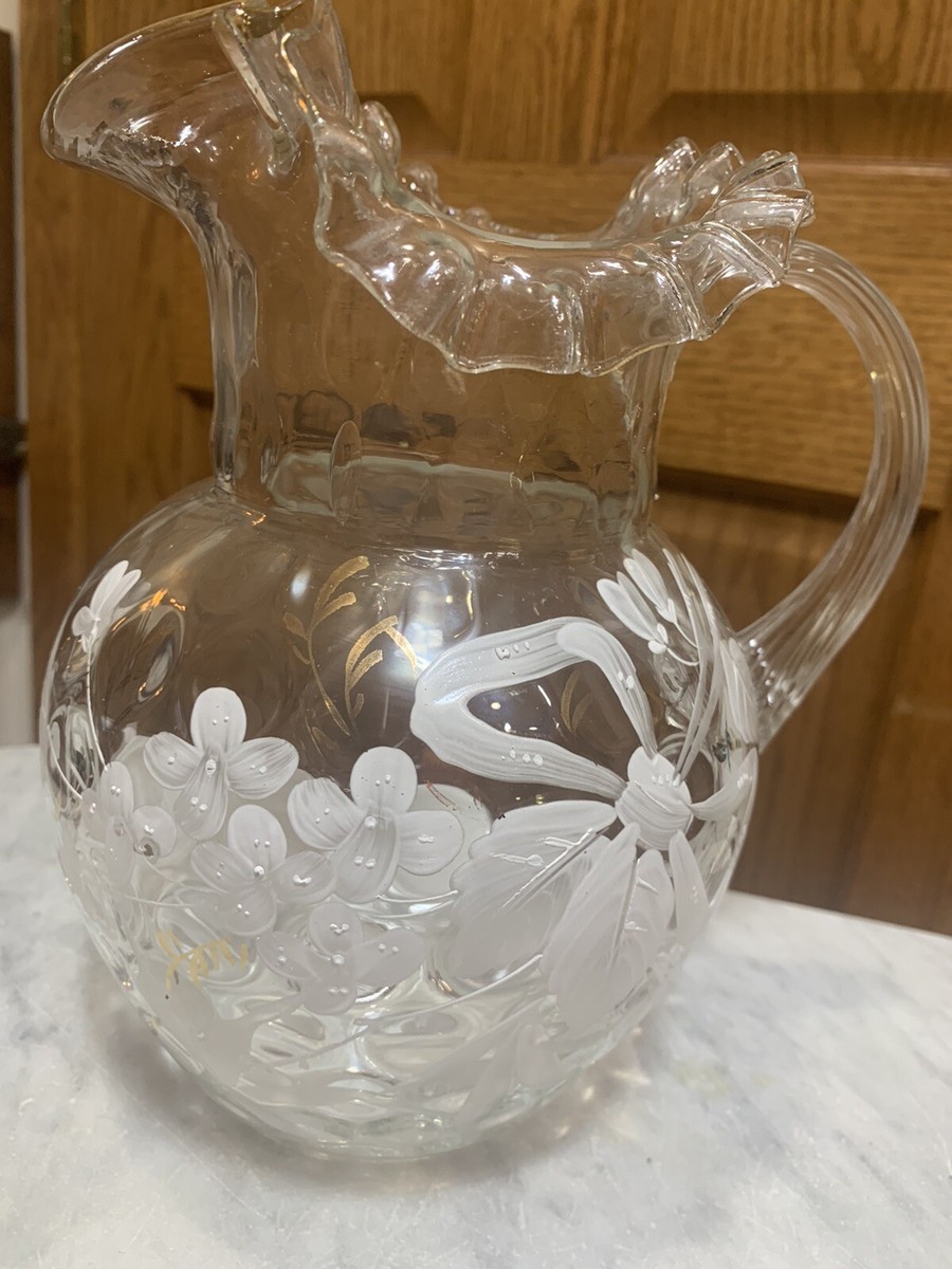 Vintage Glass Hand-Blown Hand-Painted Glass Pitcher White Flowers