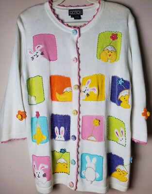 Read Berek Easter Bunny Chicks Flowers Spring Sweater 1XL Whimsical Novelty