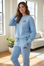 Aviator Nation Set Blue Sz M Sky Blue Rainbow Embroidered Sweatshirt Joggers