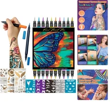 Temporary Tattoo Markers For Skin Dual Pens 10 Colors with Stencils for All Ages