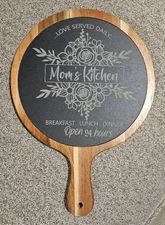 Round Slate Engraved Serving Board With Handle, Acacia Wood And Slate.