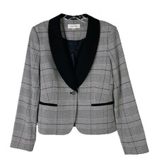 Calvin Klein black white purple plaid houndstooth preppy office blazer 8