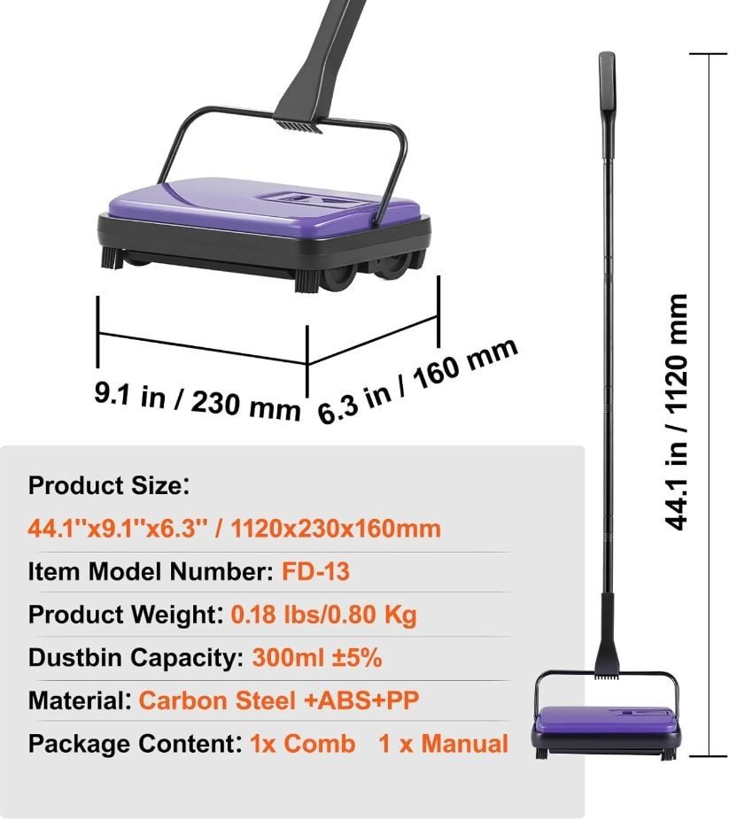 VEVOR Carpet Sweeper Manual Floor Sweeper w/ 300ml Dustbin 6.7in Cleaning Width