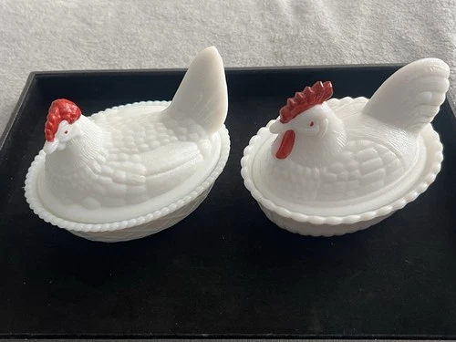 Vintage hen on a nest westmoreland lot of 2 milk glass dishes
