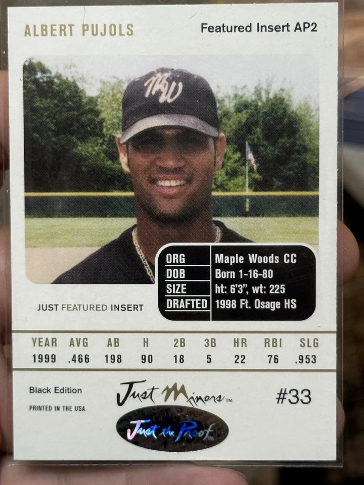 RARO! TARJETA DE NOVATO UNIVERSITARIO ALBERT PUJOLS JUST MINORS MAPLE WOODS 4/25 CARDENALES Foto 2 de 3