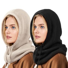 Hooded Scarf Hat Knit Balaclava Women Beanie Skull Cap with Drawstring Warm W...