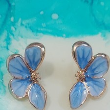 Blue Enamel Flower Stud Earrings Gold Tone Fl...