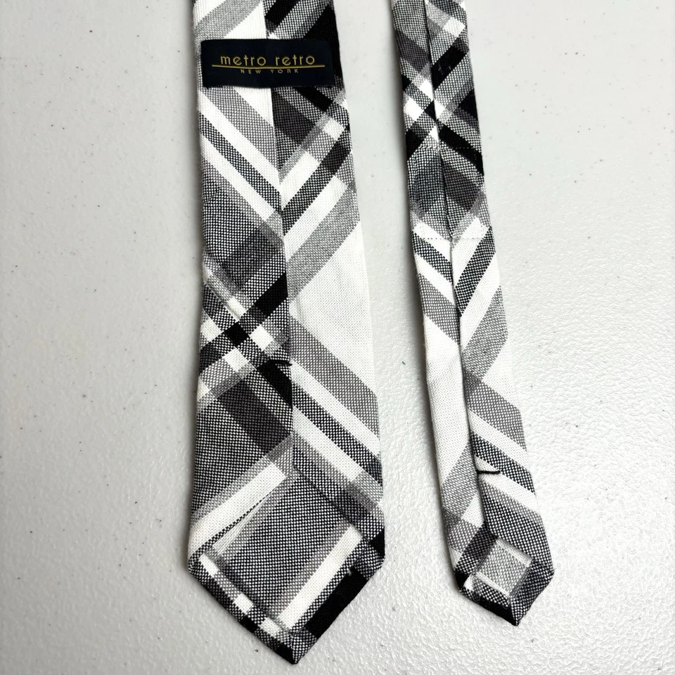 Metro Retro New York Cotton Tie Plaid Necktie White Black 2.5” Skinny - Image 2 of 4