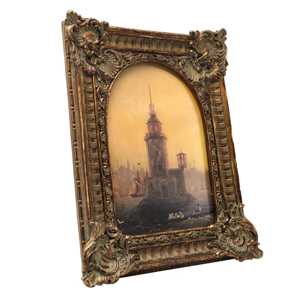 Marco de fotos vintage 4x6, marco de fotos arqueado ornamentado dorado bronce antiguo Foto 3 de 4