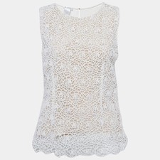 Oscar de la Renta White Lace and Crepe Sleeveless Top M