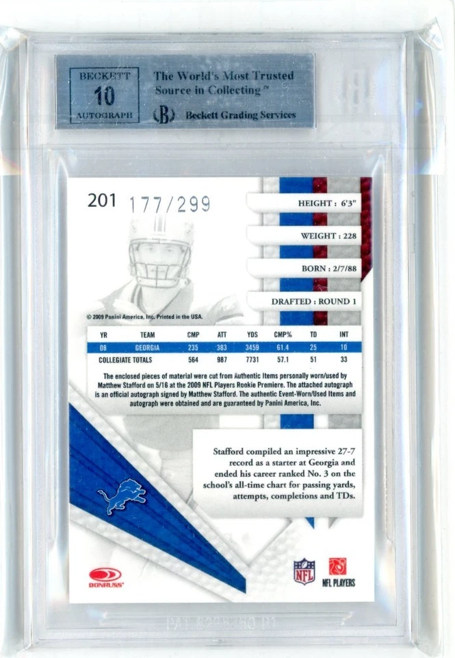 2009 Playoff Absolute Football Rookie Relic Autograph #201 Matthew Stafford /299 - Image 2 of 2