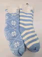 Carole Hochman Lounge Socks Plushfill Shoe Size:4-10    Blue Snowflakes  Stripes