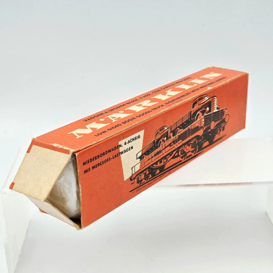 Marklin #4515 HO Low Sided 4 Axle Gondola Bogie Car w/ 2 Mercedes Truck 1957 Box - Image 4 of 4