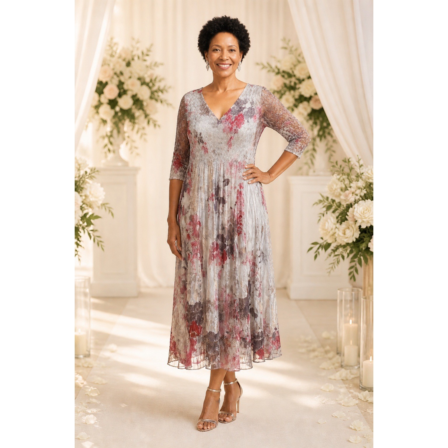 Komarov Midi Dress Women XL Silver Floral Pleated Lace V-Neck 3/4 Sleeve