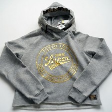 Superdry Hoodie Womens Medium Gray Ace Metallic Crop Hood Logo Fleece Graphic
