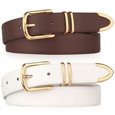 Pack 2 Women Belts for Ladies Jeans Pants with Fashion Faux Leather Gold Buckle