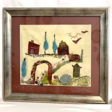 VTG Framed Wool Felt Applique Embroidered Rustic Art Path Buttons Bead 22" x 19”