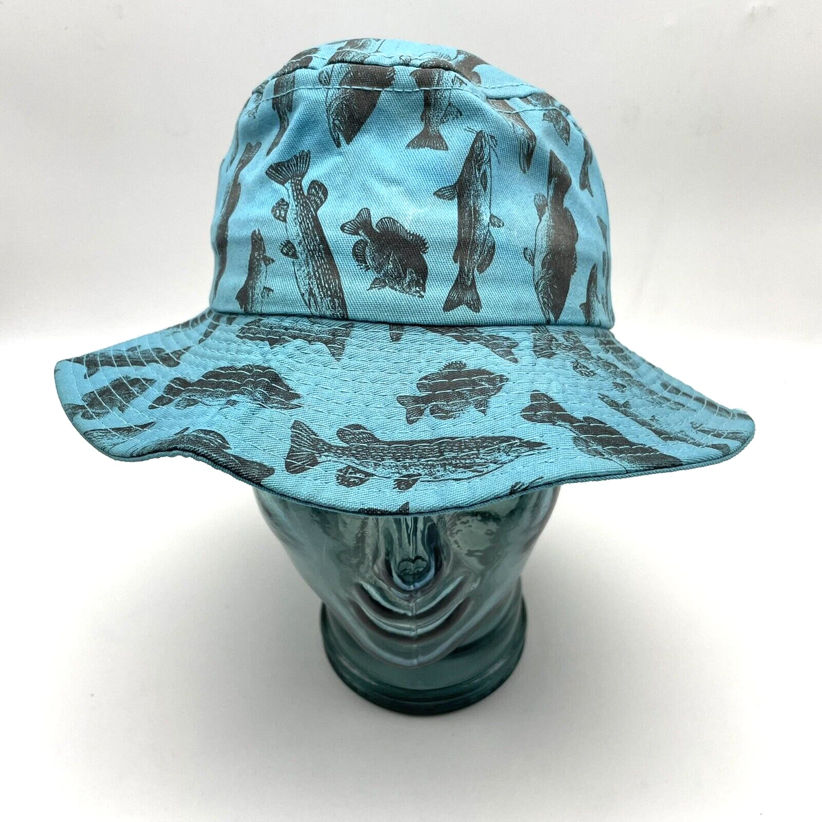 Vintage 80s Aqua Blue Bass Bluegill Pike Fish Print Fisherman Bucket Hat  Size S