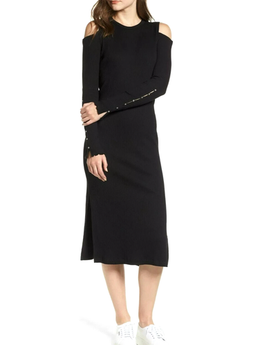 Current/Elliott Going Steady Midi Ribbed Dress SZ 0 Black Cut Out Shoulder