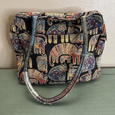 LAUREL BURCH Feline Story Weavings Kitty Cats Tapestry FOLK Tote Purse Vintage