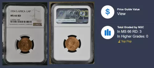 SOUTH AFRICA 1/4 Penny 1954 ~NGC MS 66 RD ~ **TOP POP** (Lot#12-9)