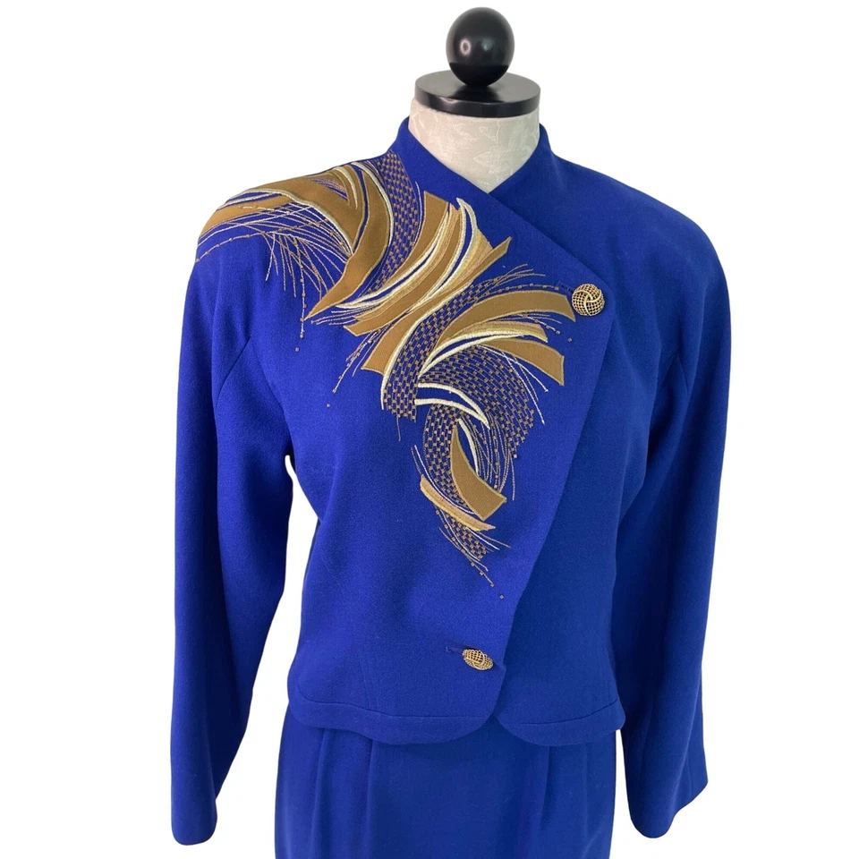 Traje Falda Cache Mujer Vintage Talla 4 Azul Lana Pura Por Joseph Ho Apliques Foto 4 de 4