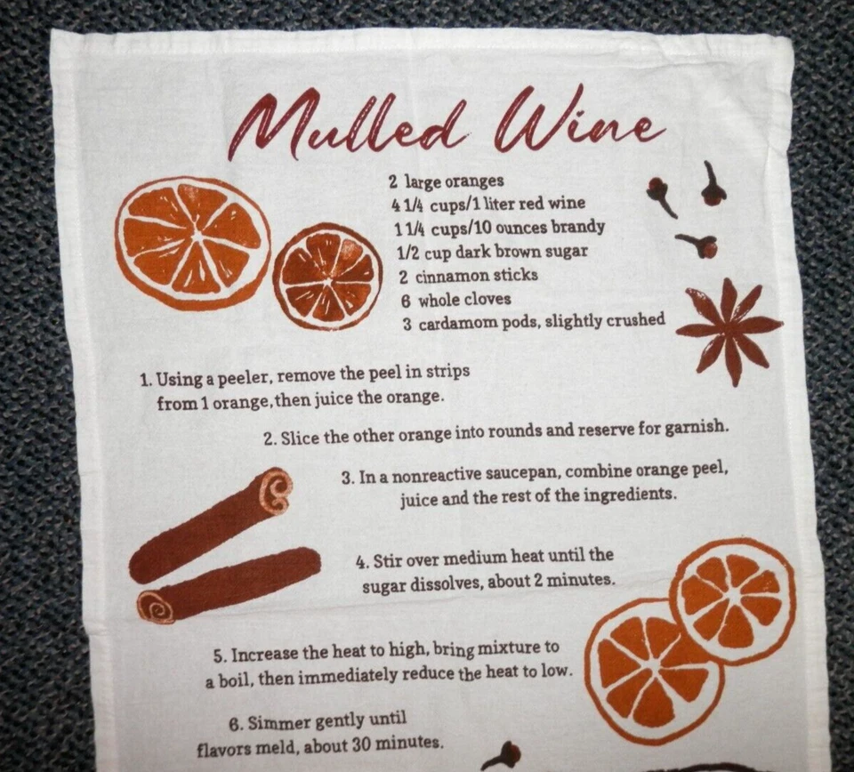 Toalha de chá receita vinho mulled TAG • Prato cozinha 17x26" algodão bebida temperada - Imagem 2 de 4