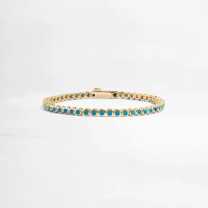 3mm Round Cut Lab-Created Turquoise Bezel Tennis Bracelet 14K Yellow Gold Plated - Image 3 of 4