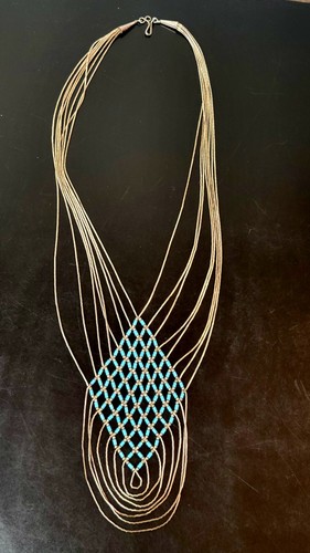 Native American Navajo 8 Strand Liquid Silver & Turquoise Necklace VGC! - Picture 3 of 20