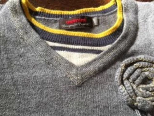 Pre-owned CATIMINI Angora Blend Gray Sweater Crochet Flower Detail Striped SZ 4 - Image 2 of 4