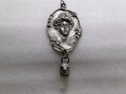 Vintage Pewter Cameo Pendant Dangle Crystal Art Nouveau Gibson Girl Design Style