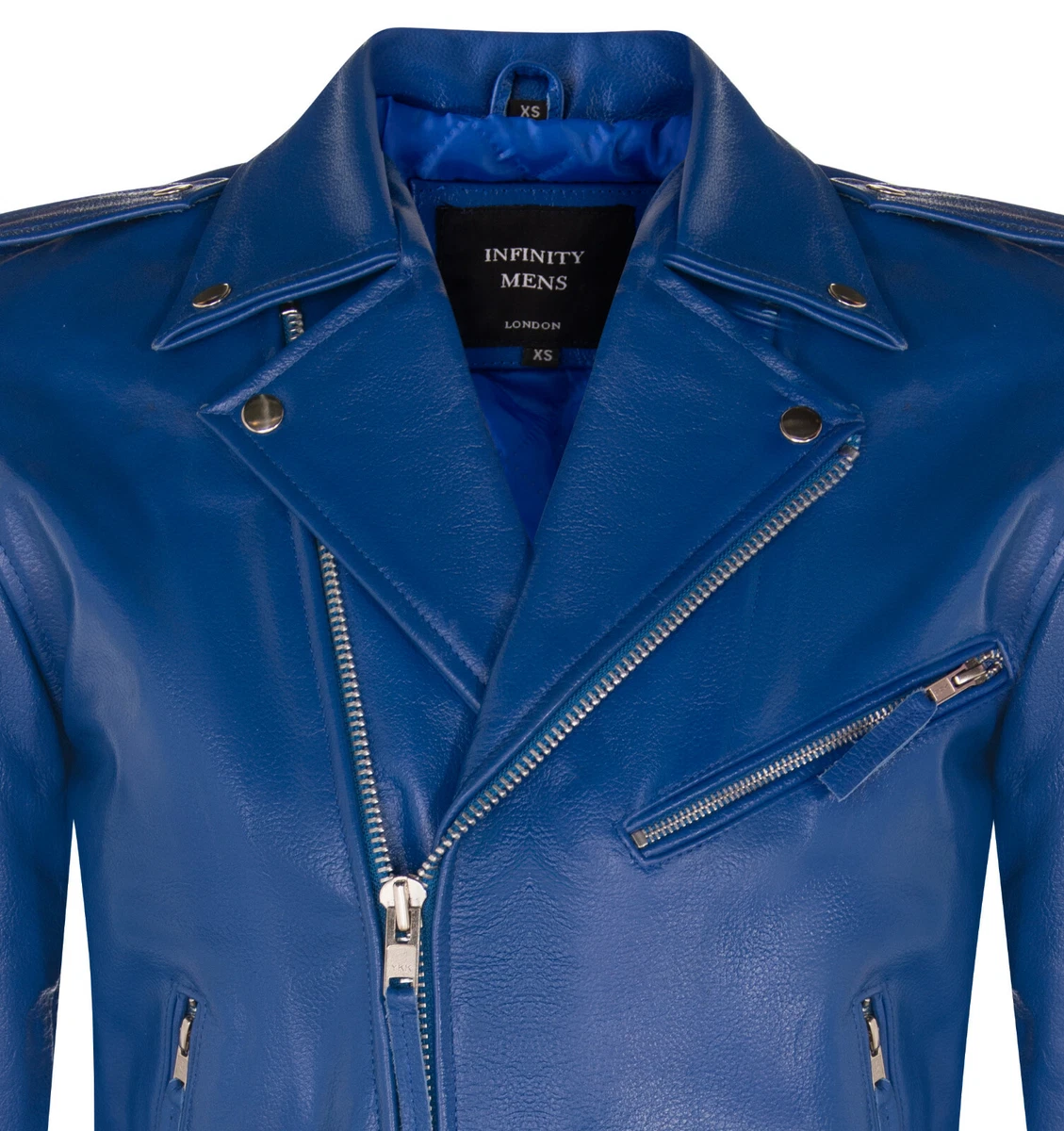 Blue leather biker jacket mens clearance