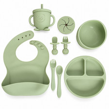 9-Piece Baby Silicone Feeding Set Suction Plate Bowl Bib Cup Utensils Green
