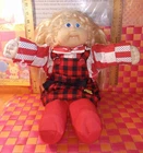 Cabbage Patch Kids, girl in red plaid/checkered outfit w/blonde hair, 17"h, and
