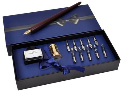 Wooden Pen Calligraphy Set - Dip Pen Gift Writing Case - Black Ink Bottle & G...