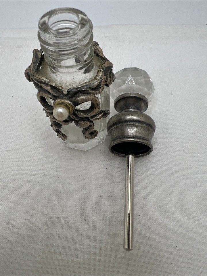 Vintage Perfume Bottle Frosted Glass Jeweled Ornate Pearl Ribbon ...