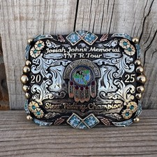 Cowboy Trophy Rodeo Style Belt Buckle with steer riding champion