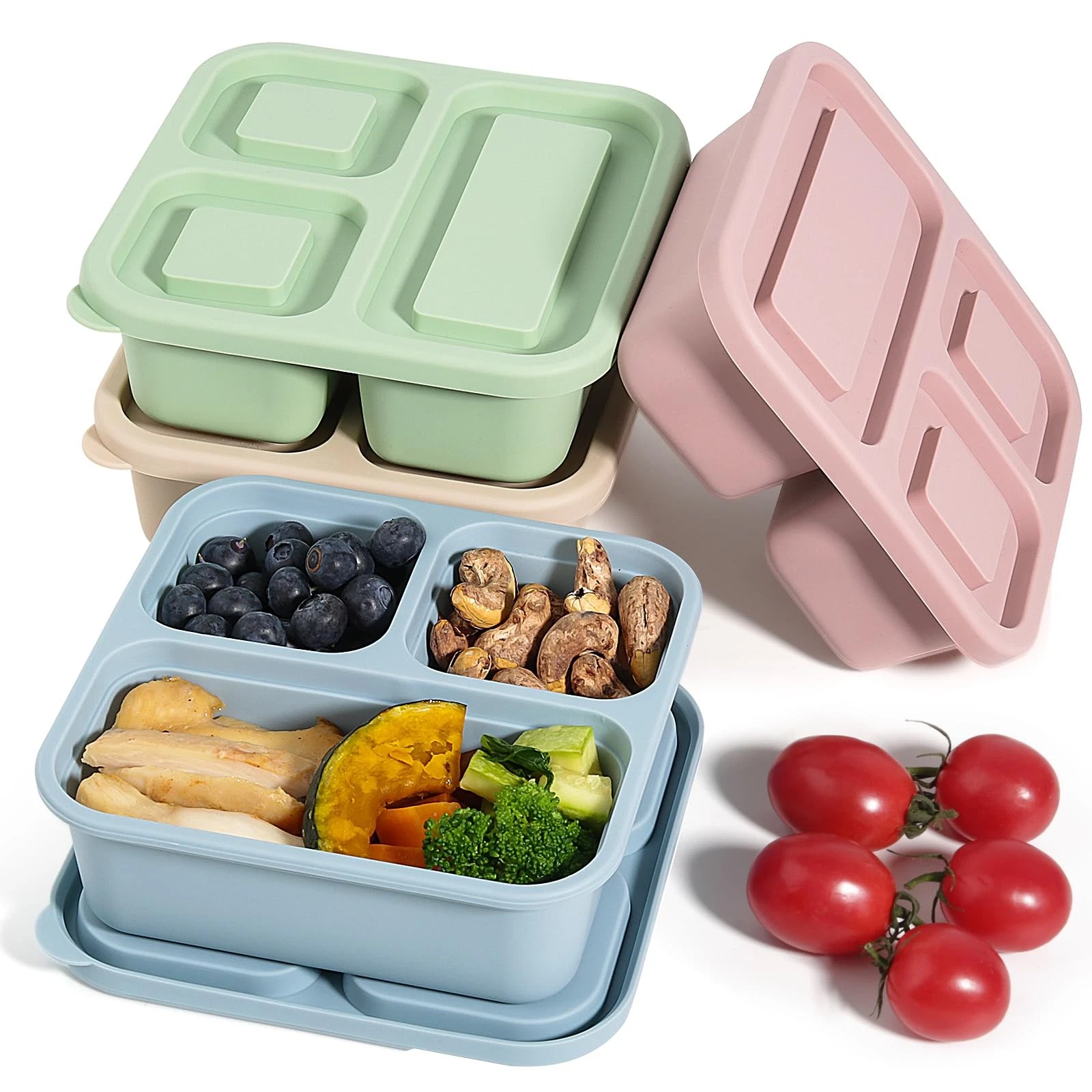 4Piece Silicone Snack Container with Lids, 3 Compartment Snack Container, is ...