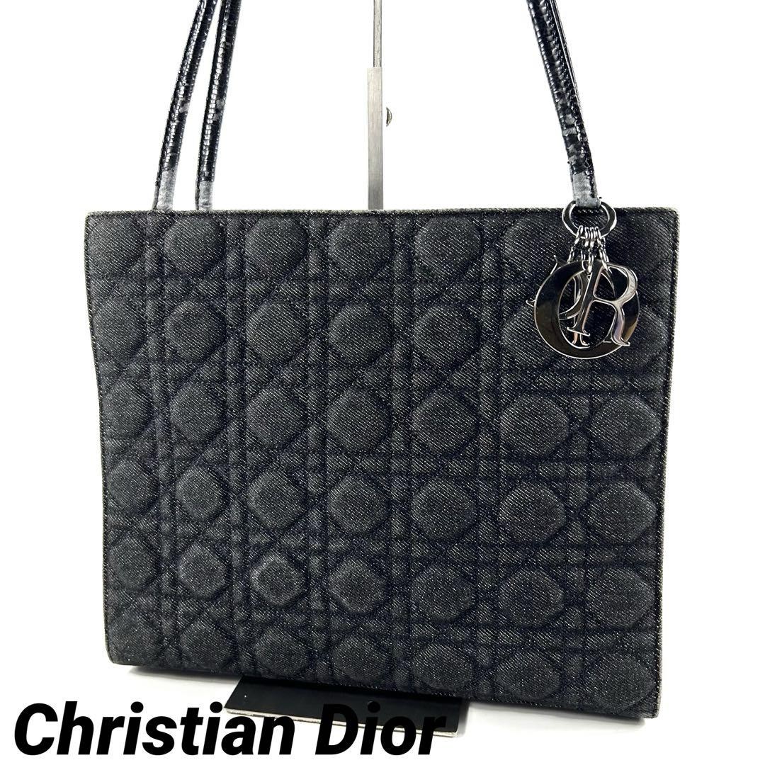 Christian Dior CD Cannage Black Denim Tote Bag for Women 12.2 x 9.8 x 5.6 inches