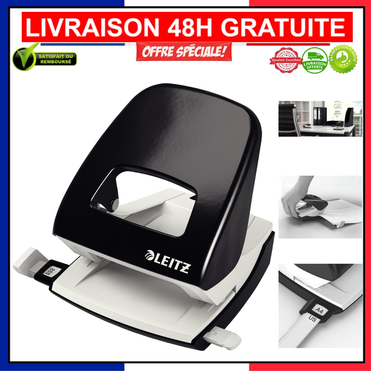 Réglette de guidage pour perforatrice Leitz 30 feuilles en plastique noir pour l'école