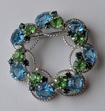 Vintage Rhinestone Wreath Brooch Pin Blue  Green Stones set in Silvertone Metal