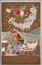 1910 HAPPY NEW YEAR Postcard Partying Gnomes Elves / Money Bags on Crescent Moon