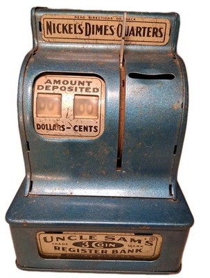Vintage Blue Uncle Sam's 3 Coin Cash Register Bank Durable Toy & Novelty