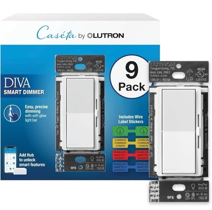 Lutron Diva Smart Dimmer Switch 9 Pack Caseta DVRF-6LS-WH-9 LED Hub Req White