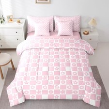 Cherry Checkered Comforter Set with Sheets for Kids Boys Girls Full Pale Pink