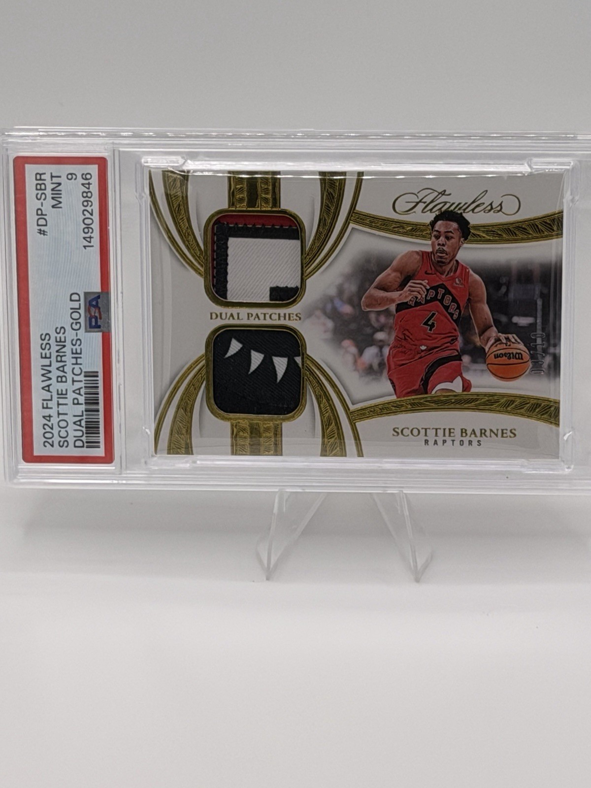 Scottie Barnes 2024 Panini Flawless Gold Dual GU Patch /10 - POP ONE PSA 9 view 5