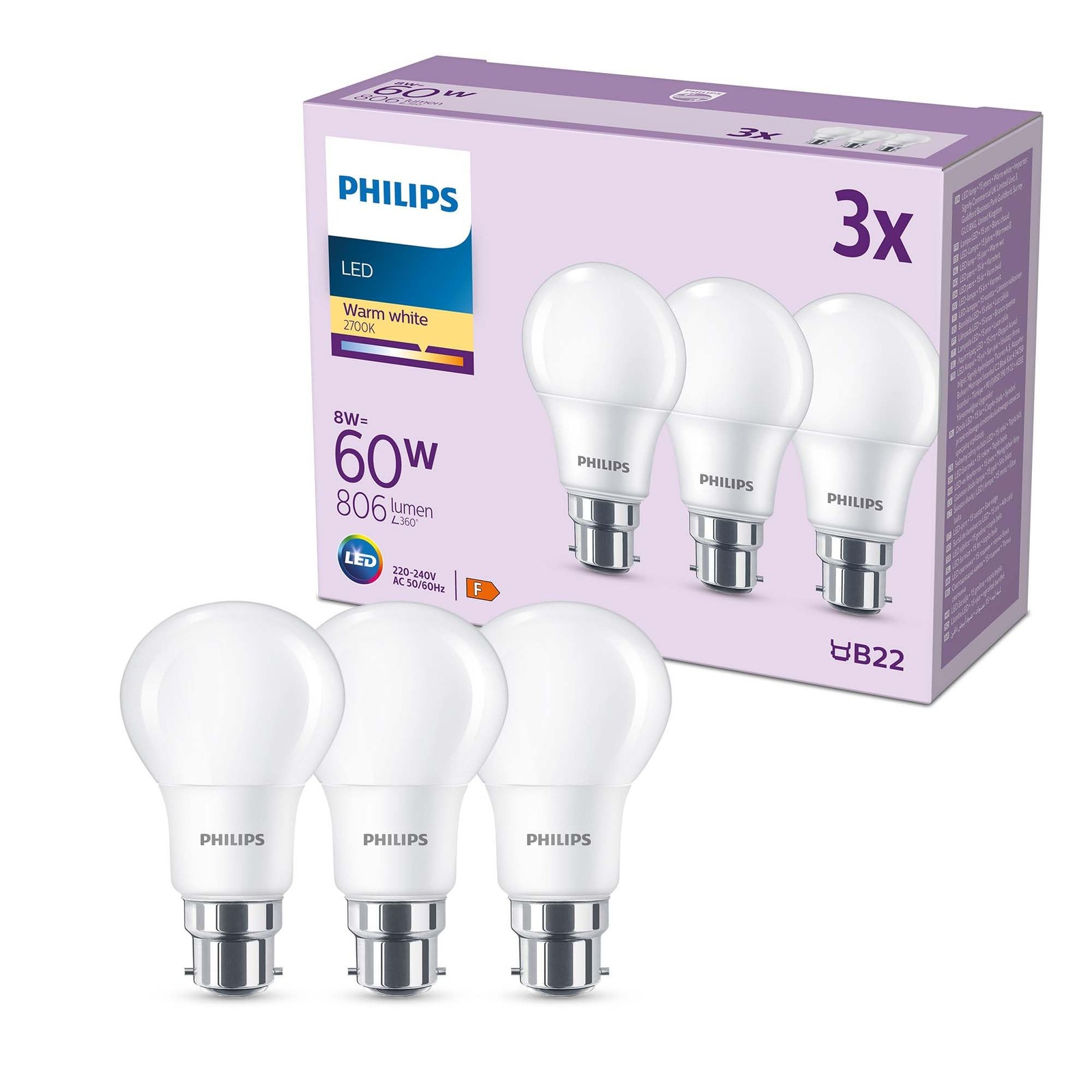 PHILIPS LED Frosted A60 Light Bulb, B22 Bayonet Cap, 3 Pack