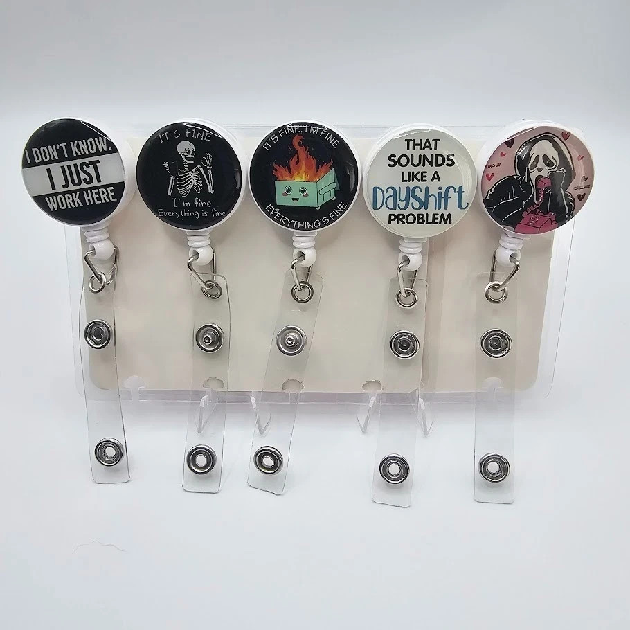 5pc Funny Nurse Badge Reel Lot - Retractable ID Holders Work