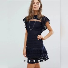 Foxiedox Dress Womens Size L Tiered Lace Panel Sheath Lace Cocktail Navy Blue